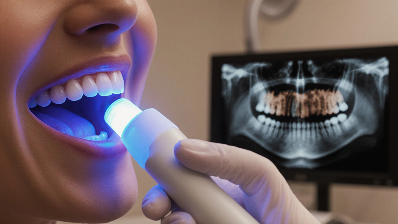 Dentista osvětluje zub UV lampou, září modře, vedle zobrazení rentgenového snímku s tmavým kazem.