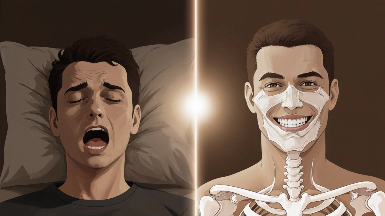 Dvě strany portrétu: jedna ukazuje unavenou osobu se zavřenými ústy, druhá ukazuje stejnou osobu se smíchem a správně zarovnanou čelistí.