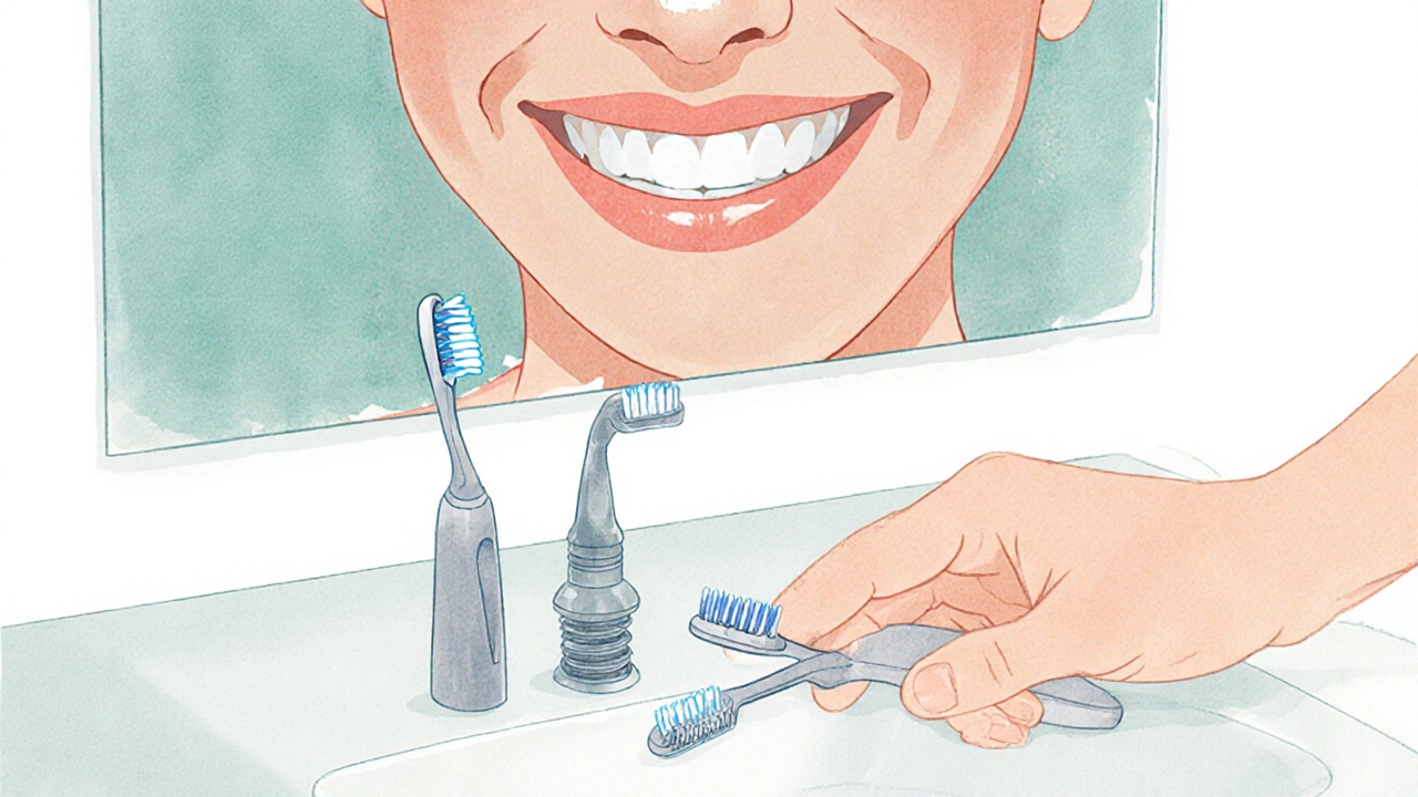 Hygienické nástroje – měkký kartáček, interdentalní kartáček a dentální niť – na koupelnové desce vedle zrcadla.