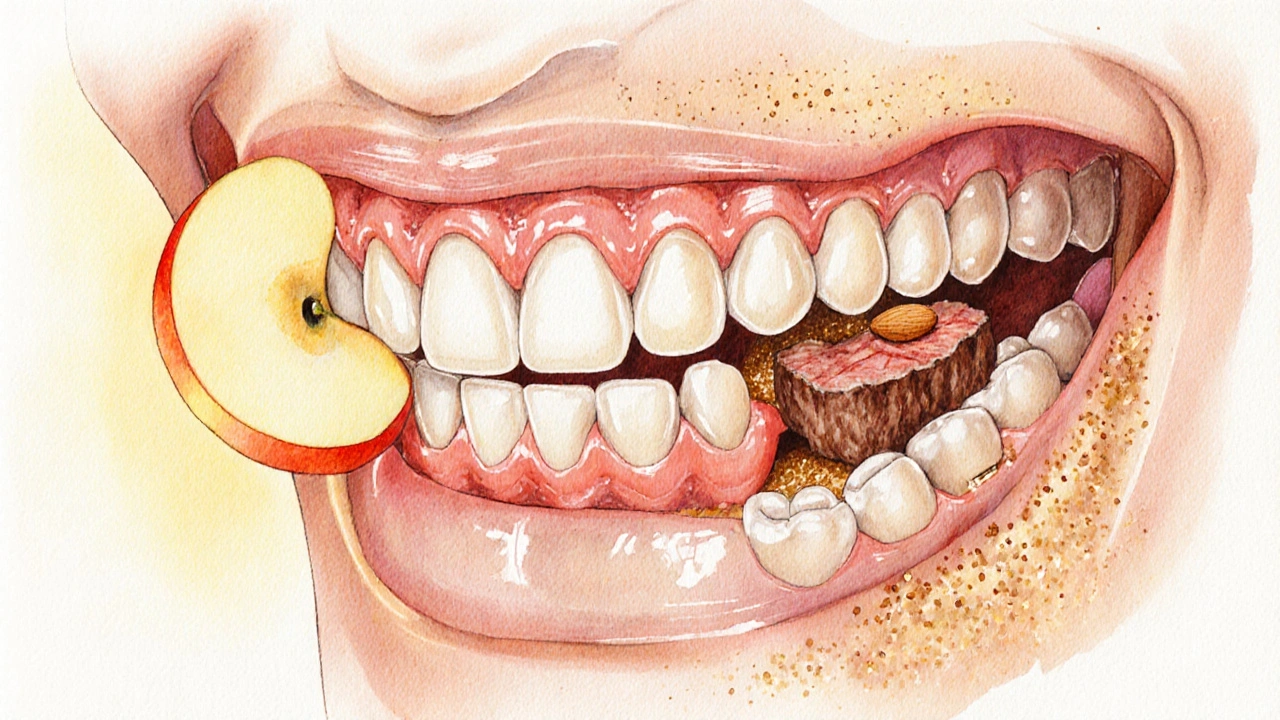 Ilustrace čelisti s 32 zuby, jak každý typ zpracovává různé potraviny: řezání, trhání, drtění a mletí.