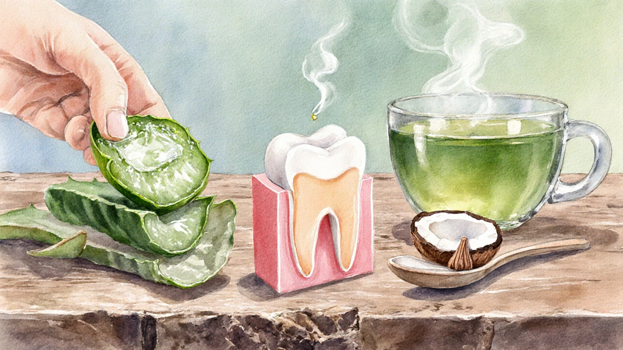 Ilustrace přírodních prostředků – aloe vera, čajovníkový olej, kokosový olej, hřebíček a zelený čaj na dřevěném stole.
