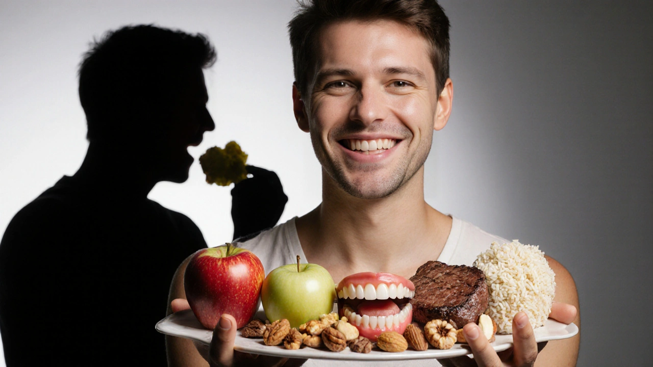 Kontrast mezi zdravou osobou s plnou sadou zubů a osobou s chybějícími zuby, která jí jen měkkou stravu.