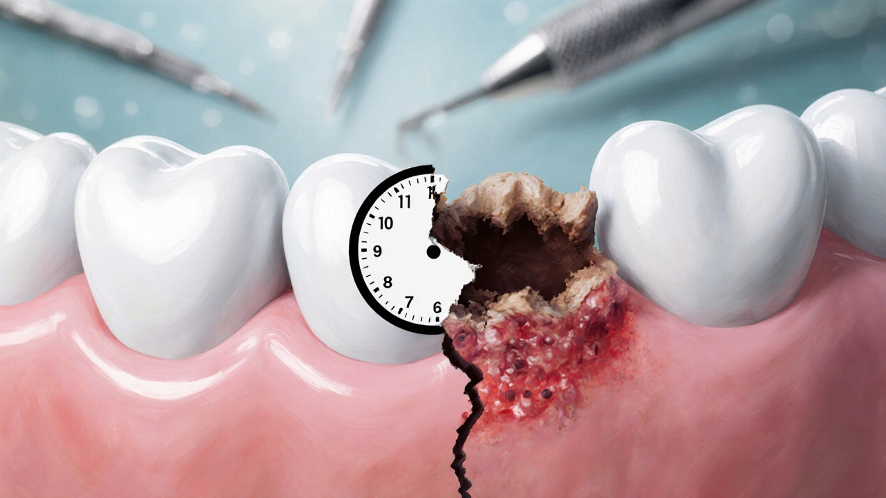Korunka obklopující prasklý zub s časem běžícím k ztrátě zubu