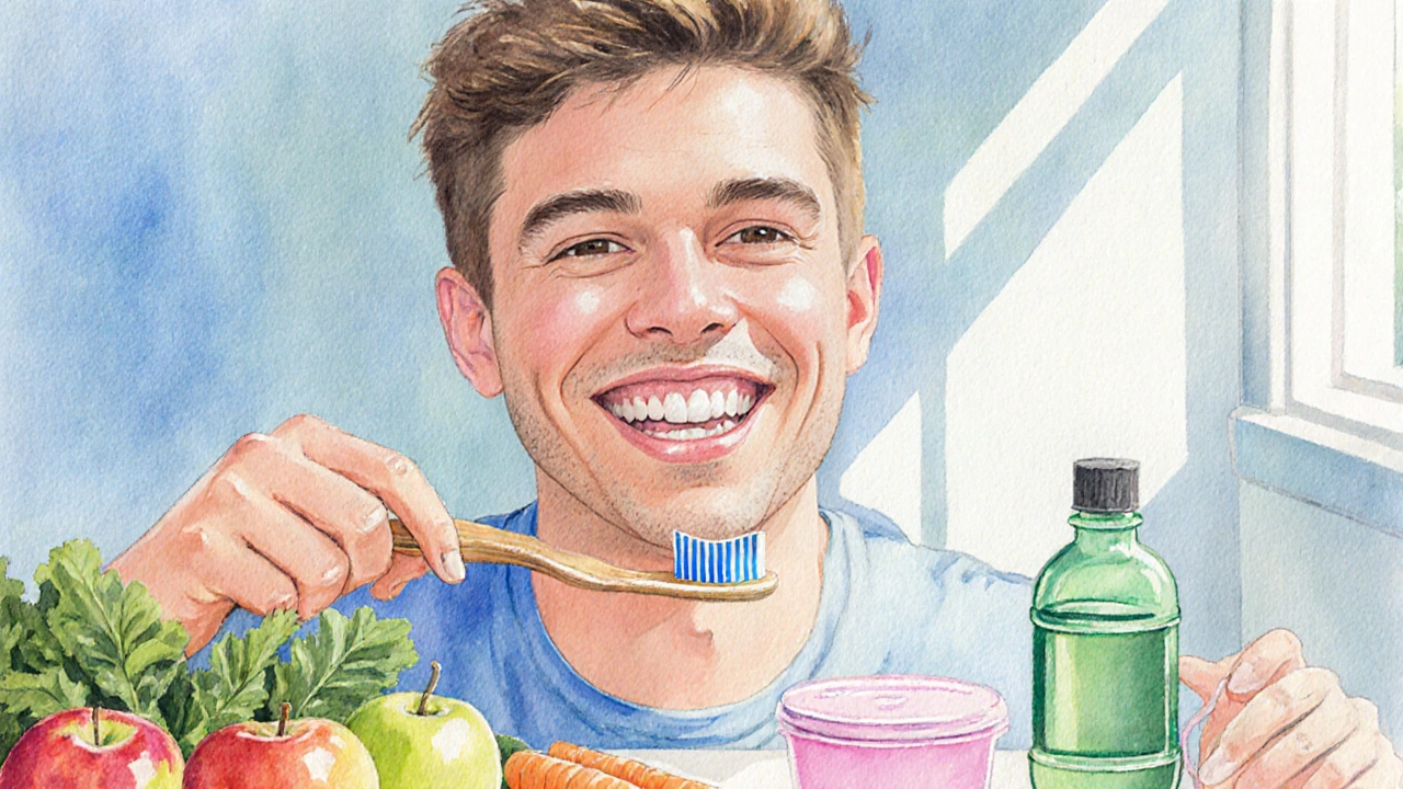 Osoba s čistými bílými předními zuby, čistící kartáčkem, nití a ovocem, symbolizuje prevenci.