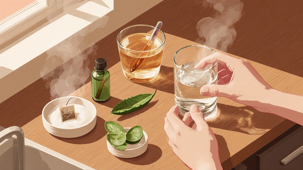 Ručně připravované domácí prostředky: slaná voda, tea tree oil, aloe, heřmánek a jedlá soda na stole.