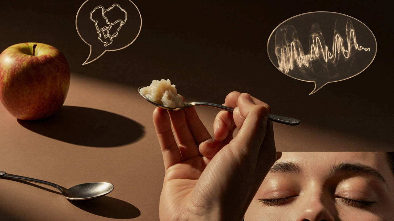 Ruka drží lžíci s kaší, pod ní jsou průhledné obrázky opravované čelisti, kolem symboly jídla, řeči a spánku.