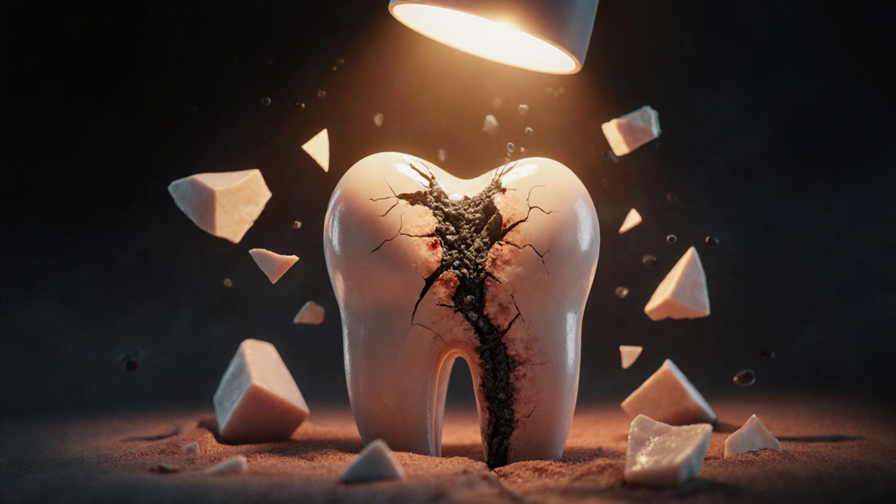 Symbolický obraz zubu poškozeného bruxismem a teplotními šoky
