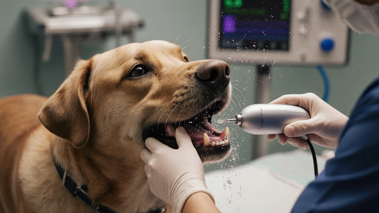 Veterinář čistí psu zuby ultrazvukovým přístrojem pod anestézií.