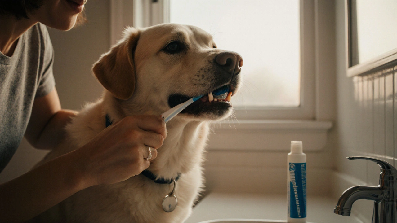 Vlastník čistí psu zuby kartáčkem v klidné domácí atmosféře.