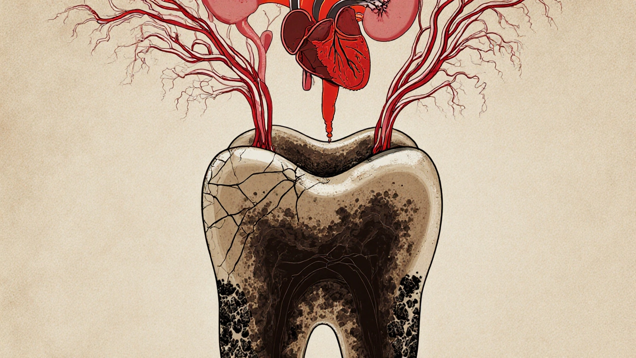 Zub s kamenem pod dásními, z něj se rozšiřují větve k srdci, pankreatu a plodu.