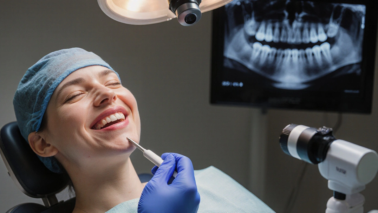 Zubař kontroluje červené, nateklé dásně předních zubů pomocí sondy, vedle stojí rentgenový snímek.