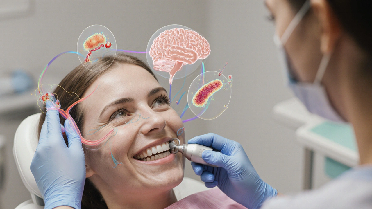 Zubní hygienik odstraňuje zubní kámen ultrazvukem, v pozadí jsou vidět bakterie v krvi.