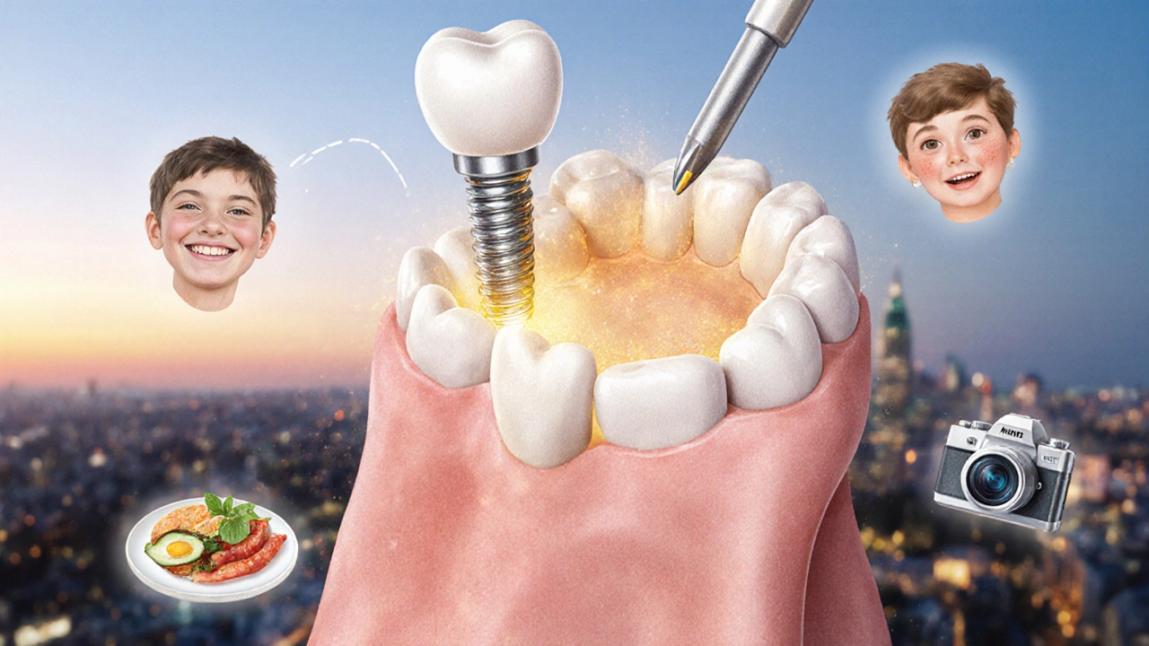 3D vyobrazení čelisti s implantátem, který se zasazuje do kosti, zbytek zubů je dokonale vyrovnán.