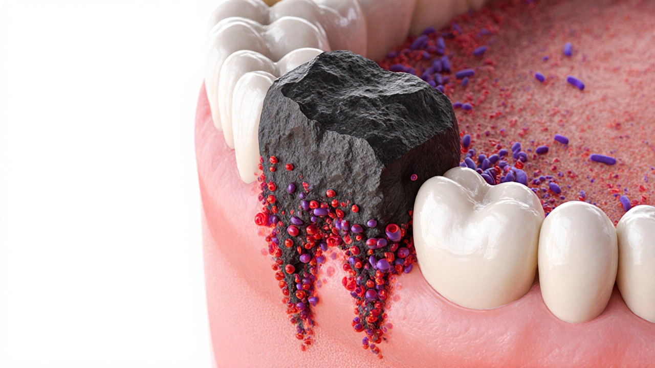 Bakteriální biofilm přeměňující se na tvrdý kámen pod dásní