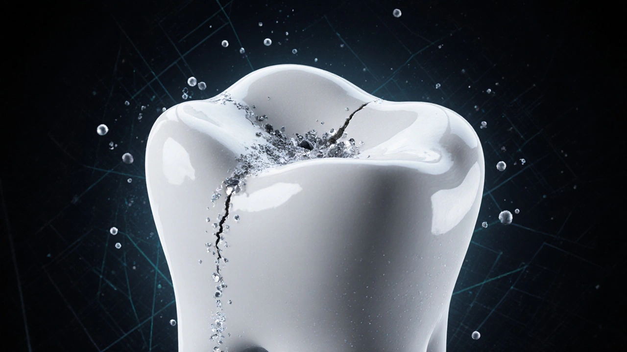 Ceramic tooth with microscopic self-repairing crystals glowing softly in a dark environment.