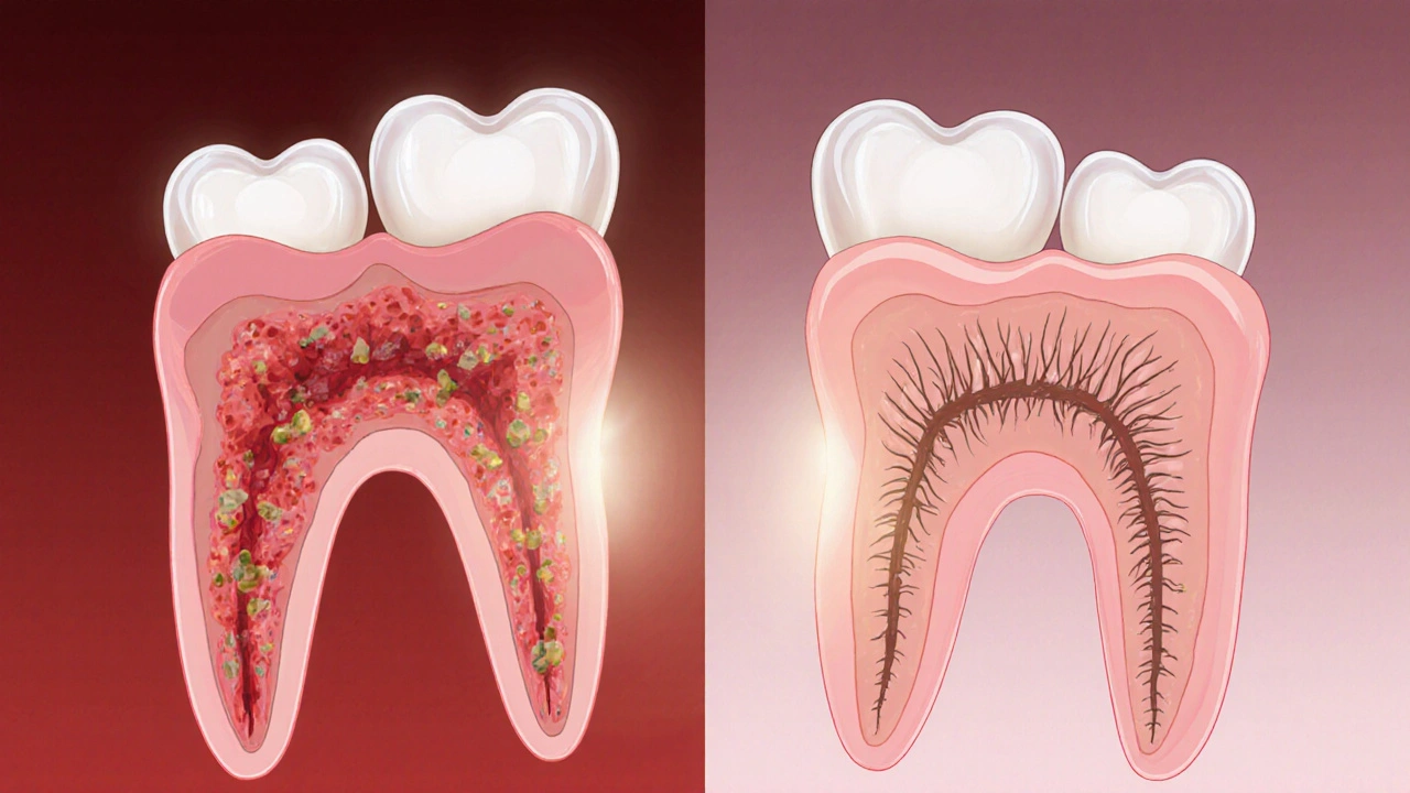Comparison of inflamed gums with deep pockets versus healthy gums after treatment.