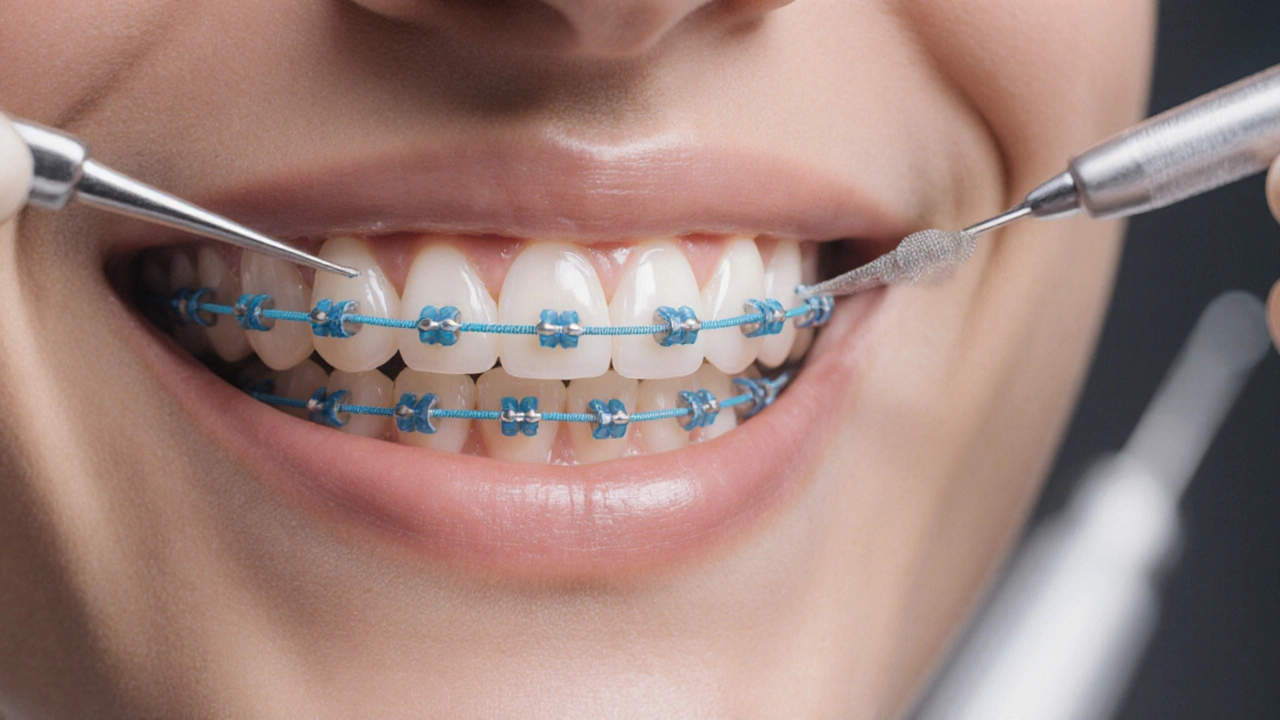 Detailní zobrazení gumiček napnutých mezi horními a dolními zuby.