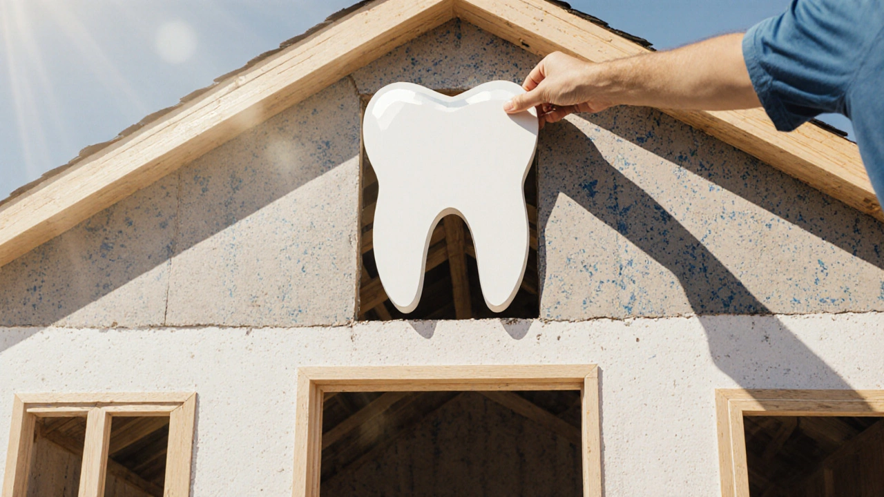 Dům s chybějícím vchodem, který je právě doplněný dveřmi tvaru zubu, symbolizující kompletní úsměv.