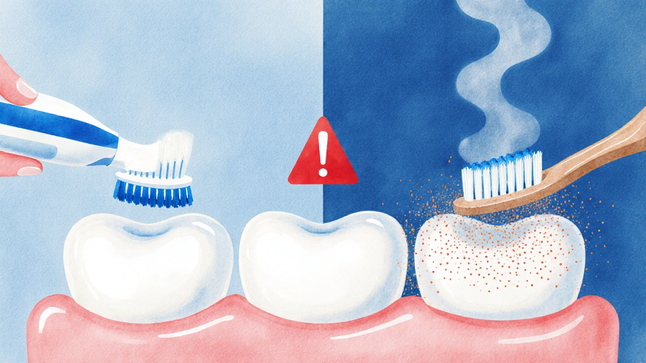 Dvě strany zubu: zdravá dásňová tkáň s jemným kartáčkem na jedné straně, stahující se dásně s agresivní pastou na druhé.