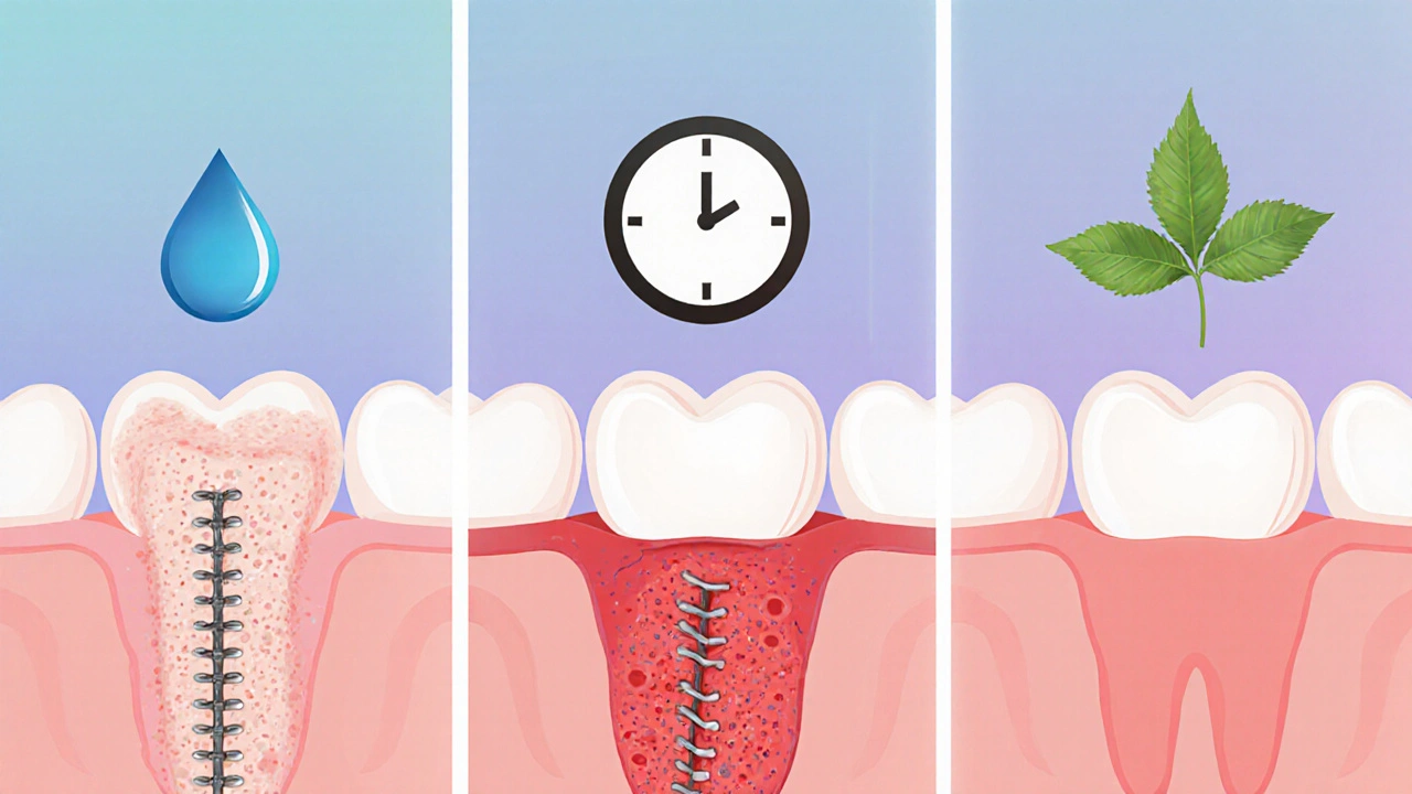 Grafické znázornění hojení dásní po zubní operaci v třech fázích.