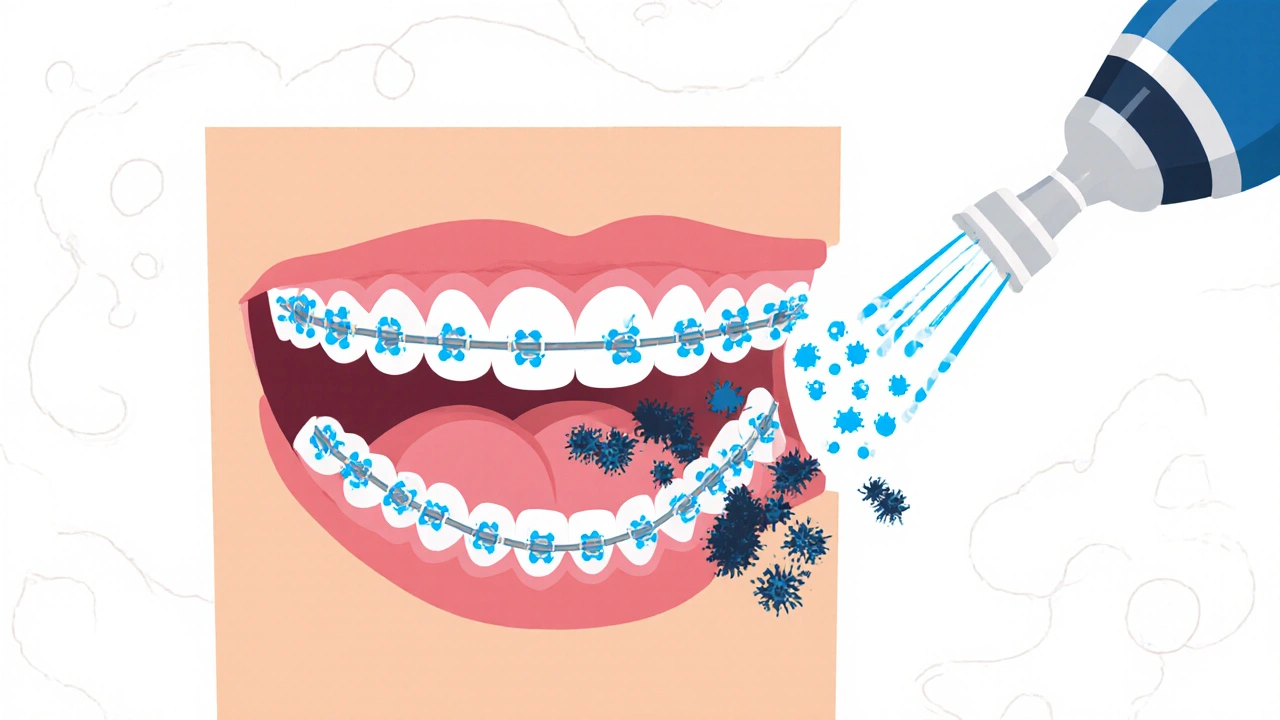 Ilustrace zdravého ústního prostředí s rovnátky a čistými dásněmi, bakterie jsou znázorněny jako barvy.