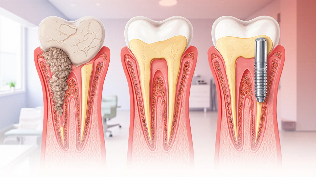 Křížový řez čelisti ukazující postupné hojení kosti po augmentaci.