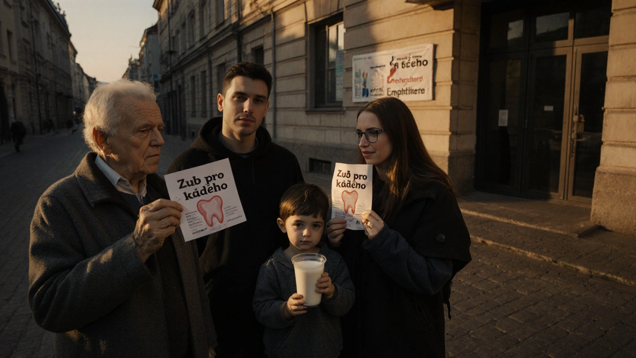 Lidé čekají před univerzitní zubní klinikou s informacemi o pomoci.
