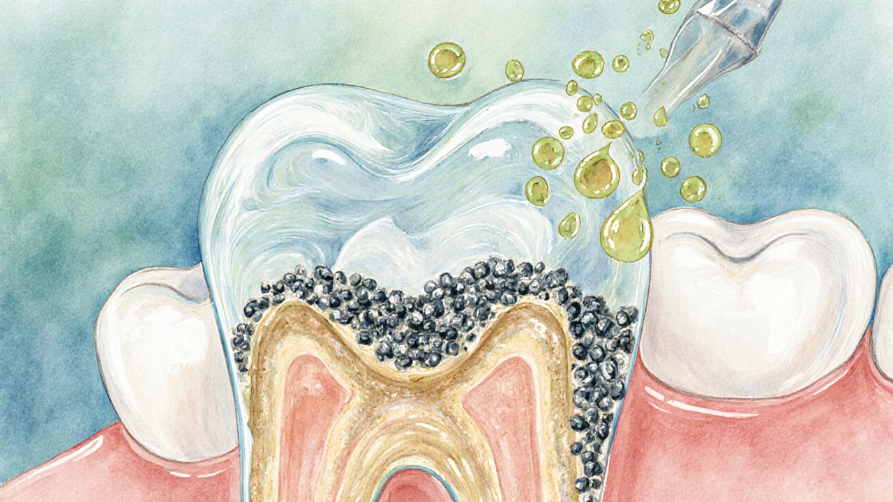 Mikroskopický pohled na remineralizaci zubní skloviny pod útokem kyseliny.