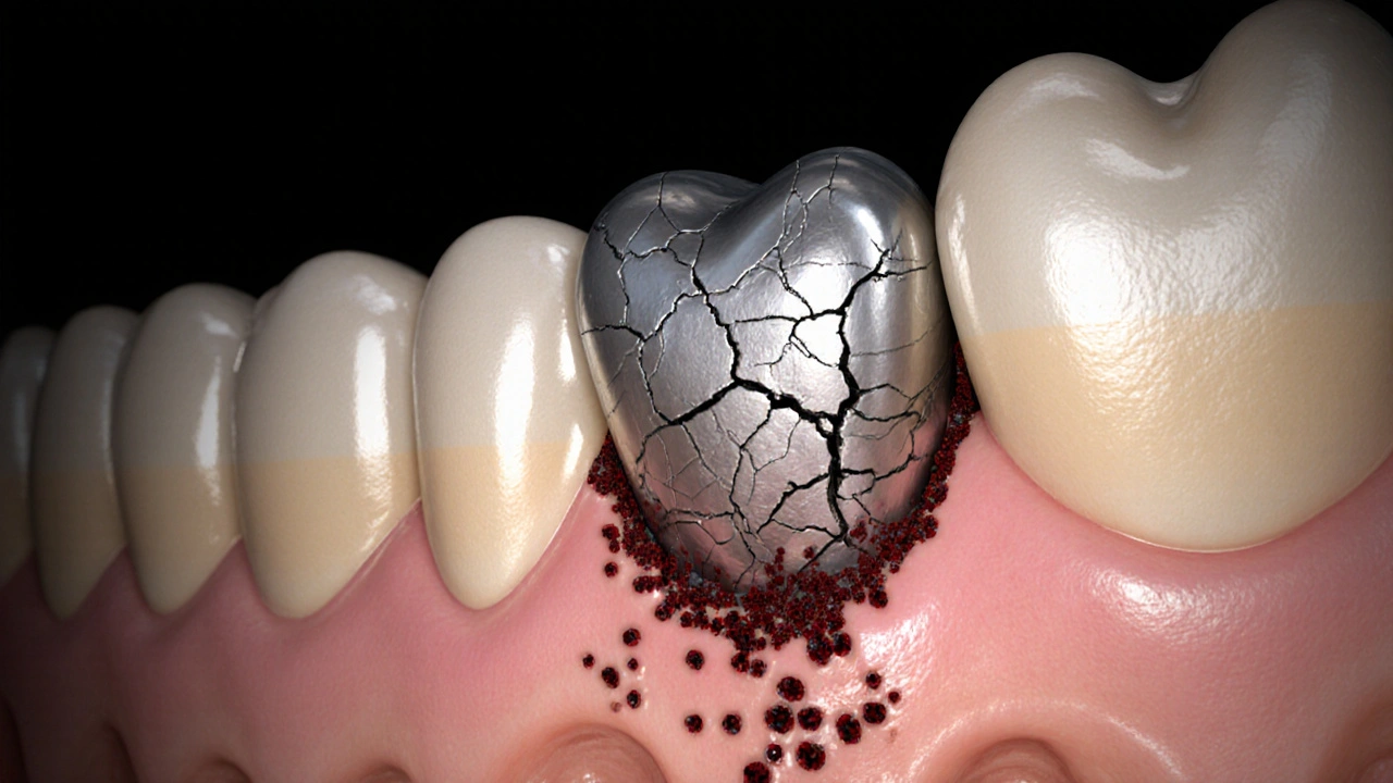 Mikroskopický pohled na trhliny v zubu pod amalgámovou plombou s bakteriemi.