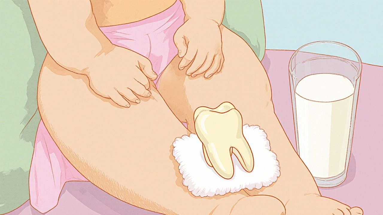 Nově vyrůstající trvalý zub vedle mléčného zubu, který právě spadl, na kousku gázy.