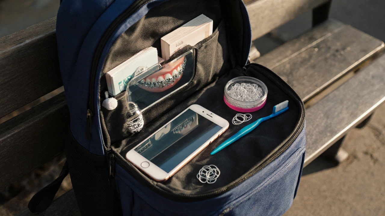 Open backpack with school supplies and orthodontic care kit on a bench.