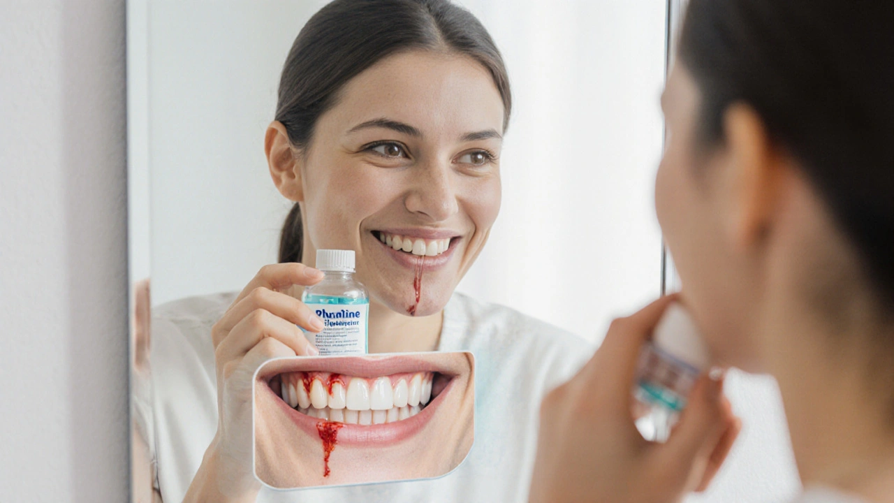 Osoba se dívá do zrcadla s ústní vodou, překrývající se obraz zdravých a nemocných dásní.