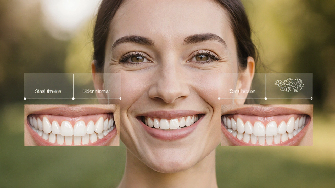 Pacient se směje s novým zubním implantátem a korunkou v přirozeném světle.