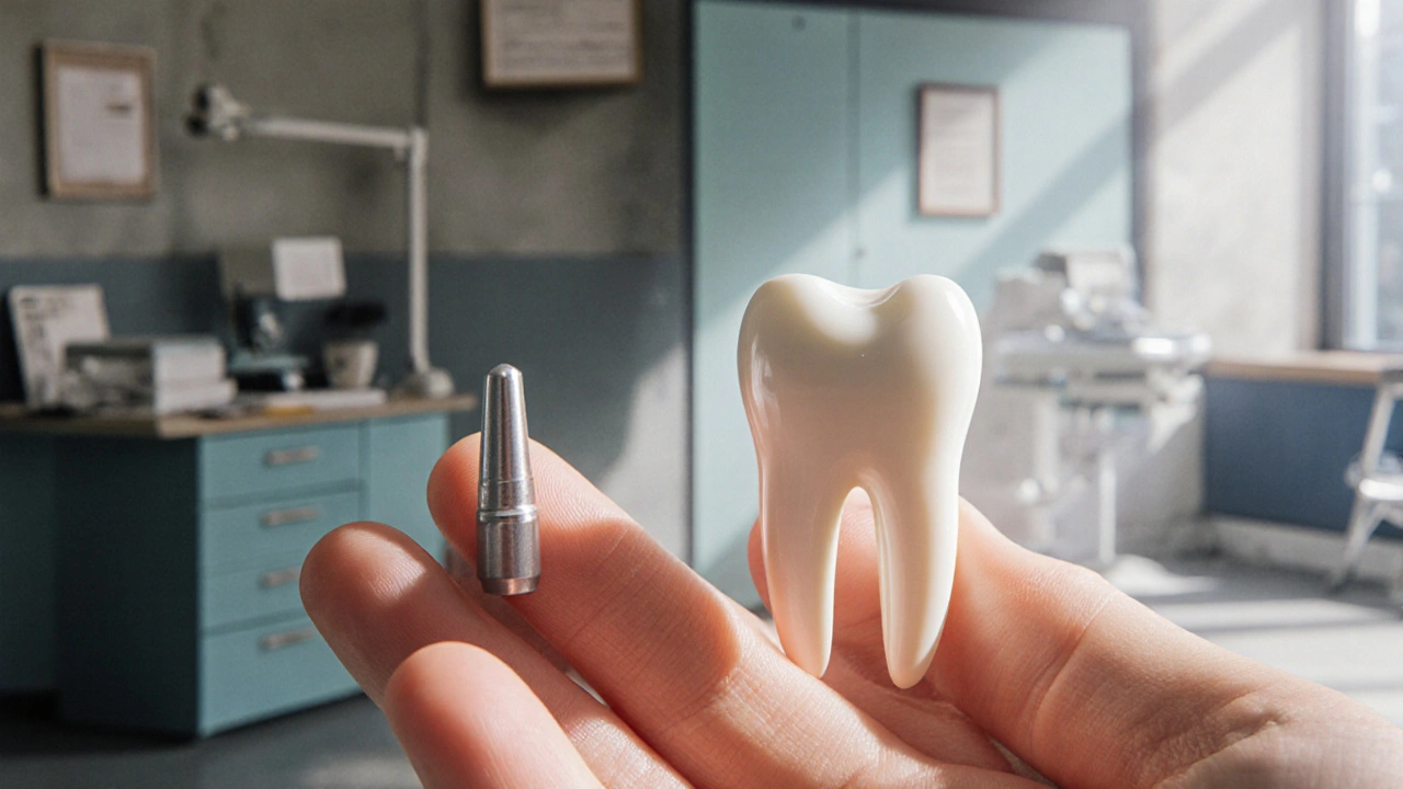 Porovnání staré amalgámové plomby a nové kompozitní onlay na zubu.