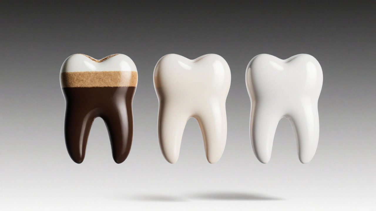 Porovnání tmavých, lehce vybělených a dokonale bílých zubů s keramickými fasetami.