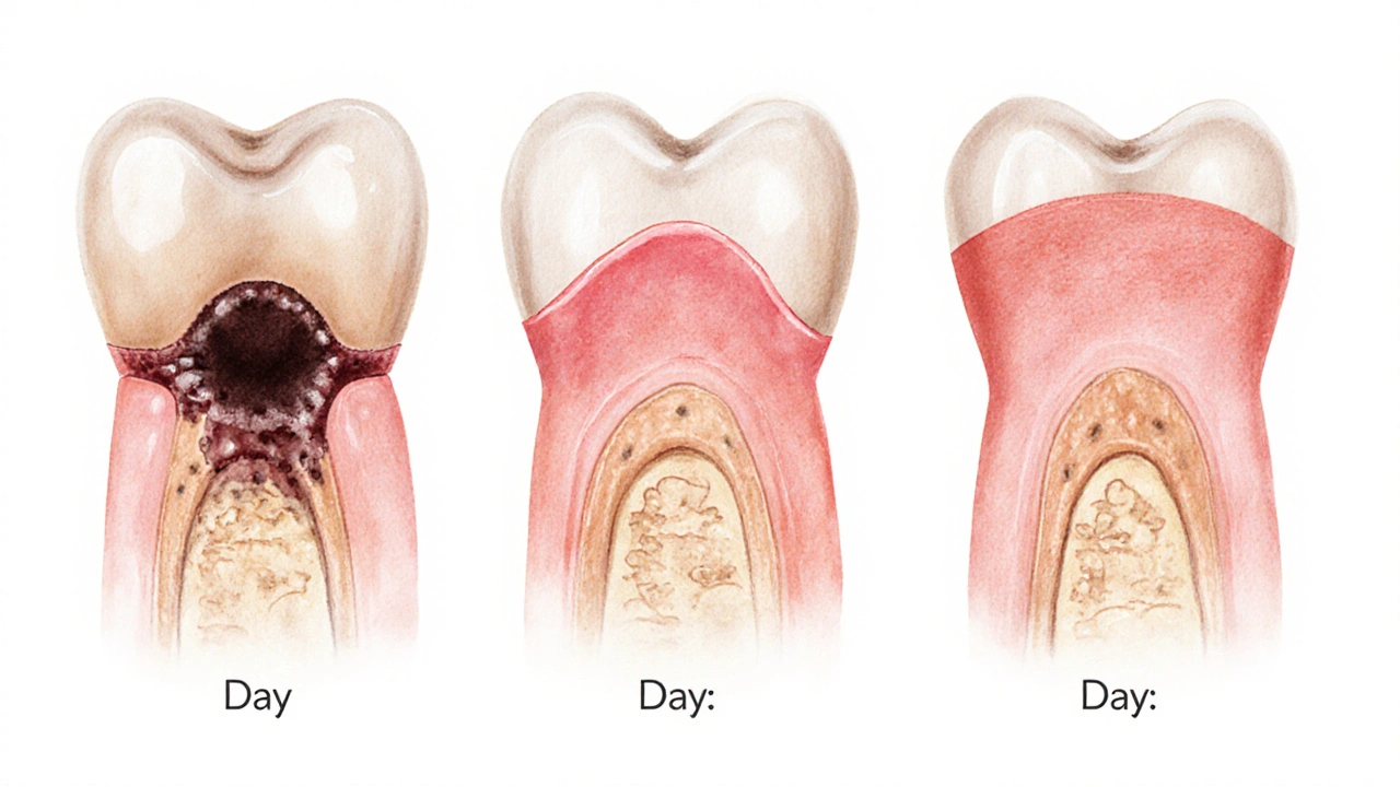 Postupné hojení dásně od sraženiny k nové tkáni během týdne.