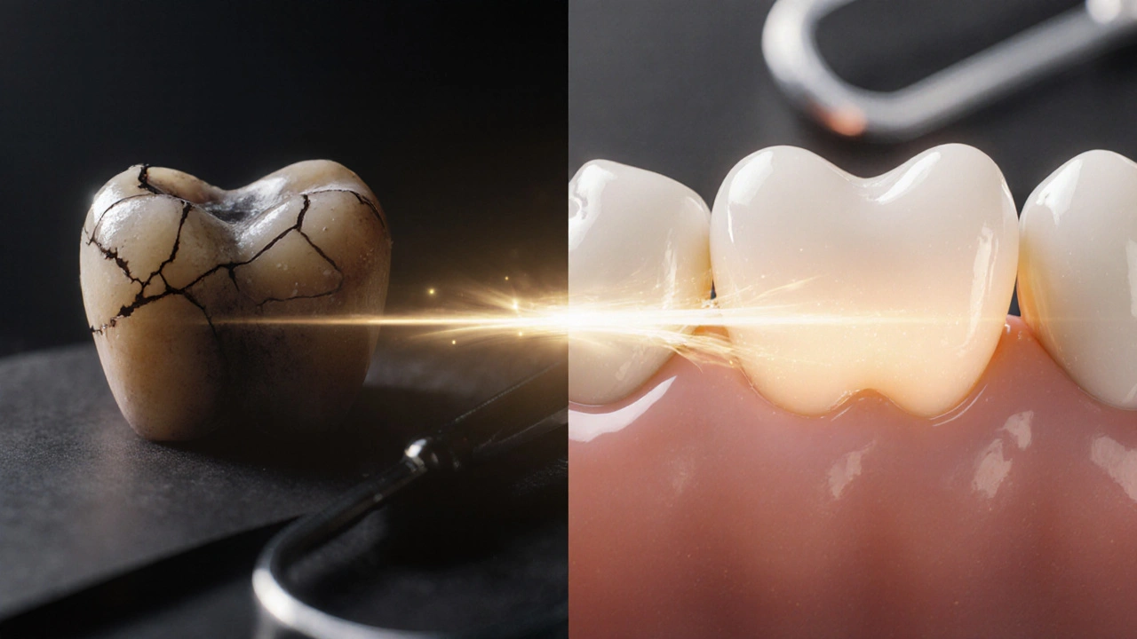 Před a po: poškozený zub přeměněný na přirozeně vypadající keramický zub, světlo zdůrazňuje přechod od špatného ke krásnému úsměvu.