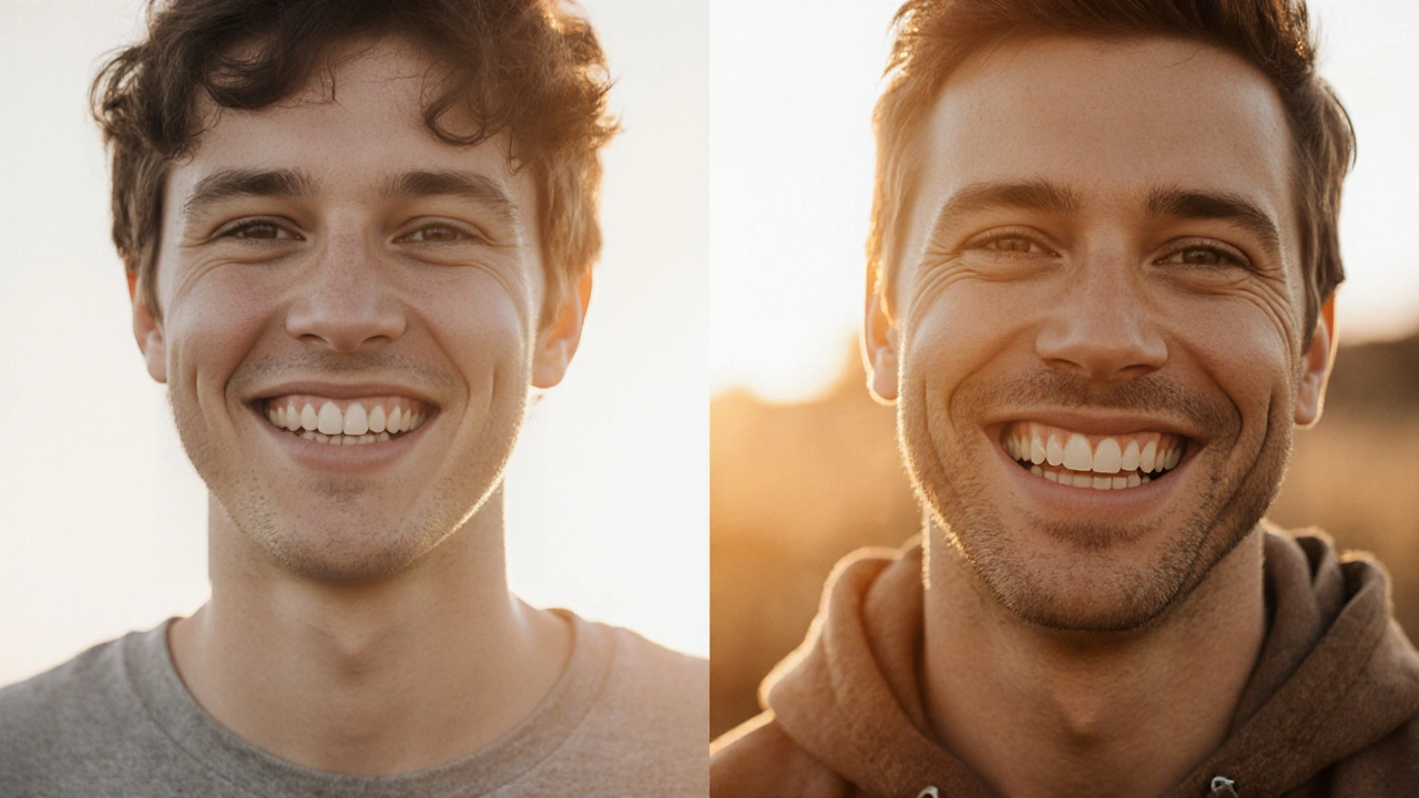 Před a po: stejná osoba s nekvalitními a dokonalými zuby v kontrastním zobrazení.