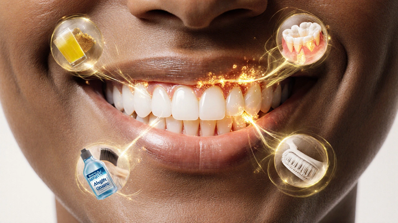 Přední zuby s viditelnými mikrokanálky v dentinu, ochraňované ochrannými prvky.