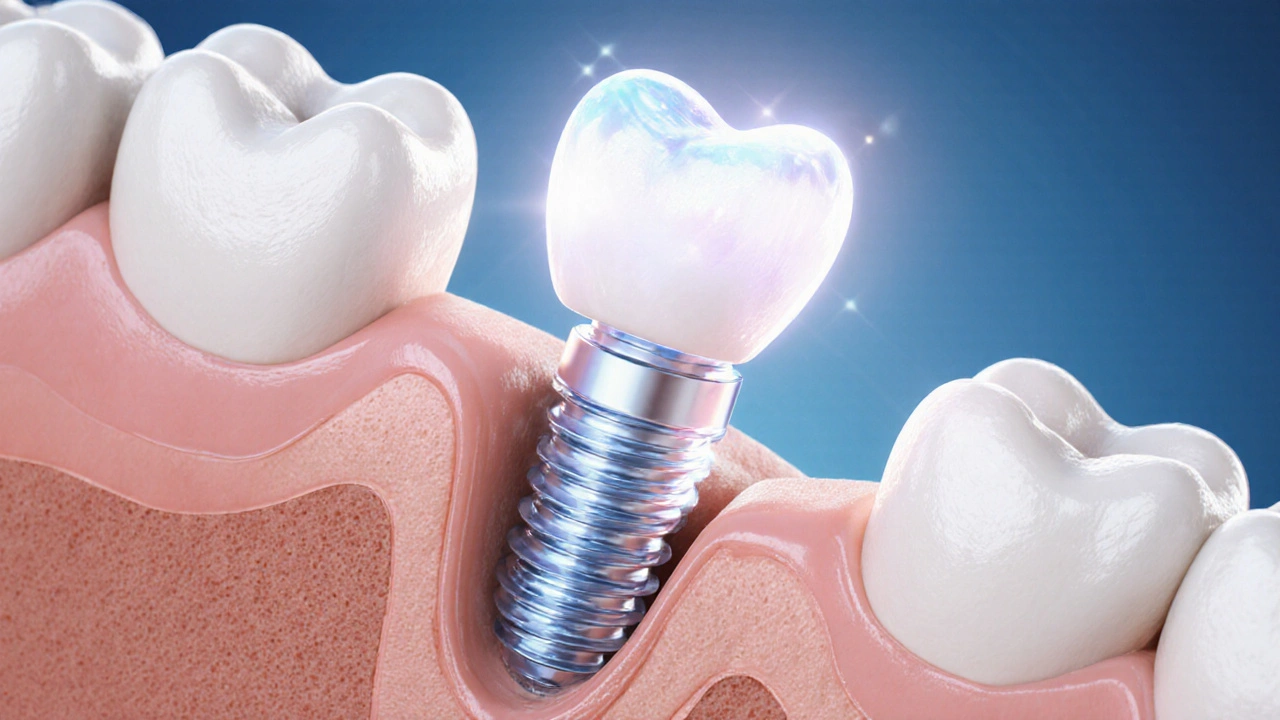 Příčný řez čelistí s implantátem a keramickou korunkou, viditelná přirozená průhlednost materiálu a zdravá kost.