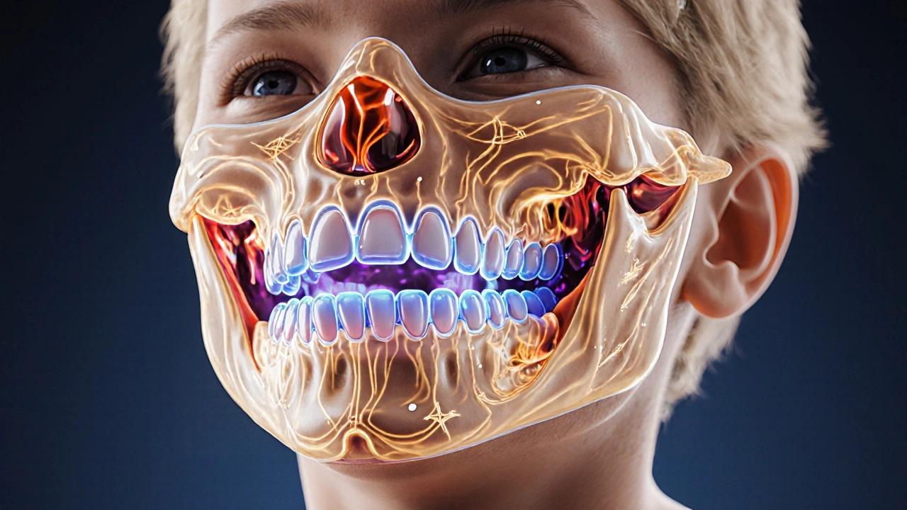 Příčný řez čelisti s viditelnými mléčnými a trvalými zuby v různých fázích vývoje.