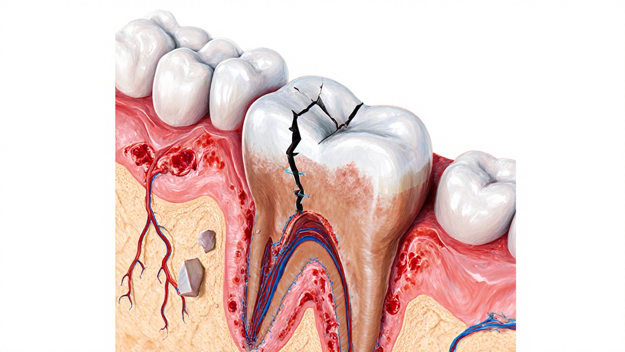 Řez lidské čelisti s prasklinou v zubu, poškozeným kořenem a krvácením do kosti.