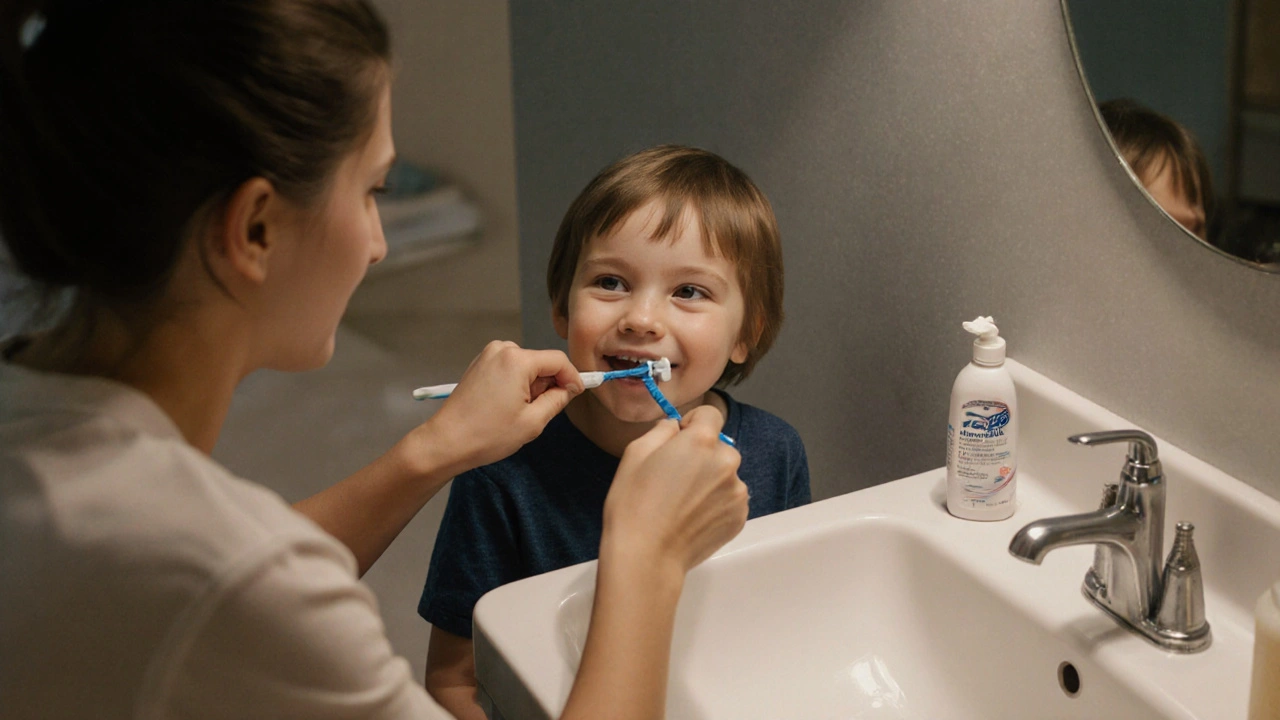 Rodič čistí zuby dítěti ve večerní atmosféře, používá fluoridovou pastu.