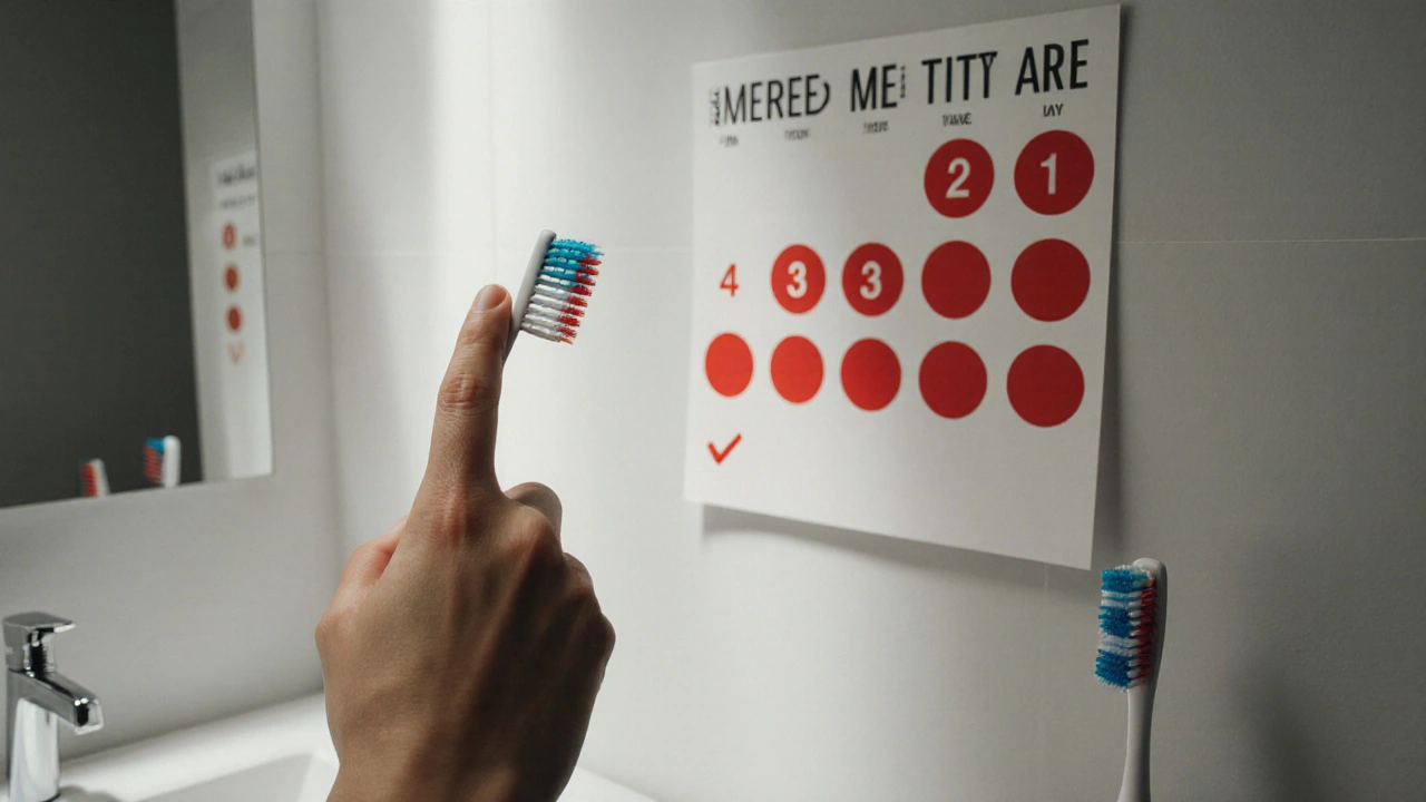 Ruka testuje pružnost štětin kartáčku, na pozadí kalendář s označenými daty výměny.