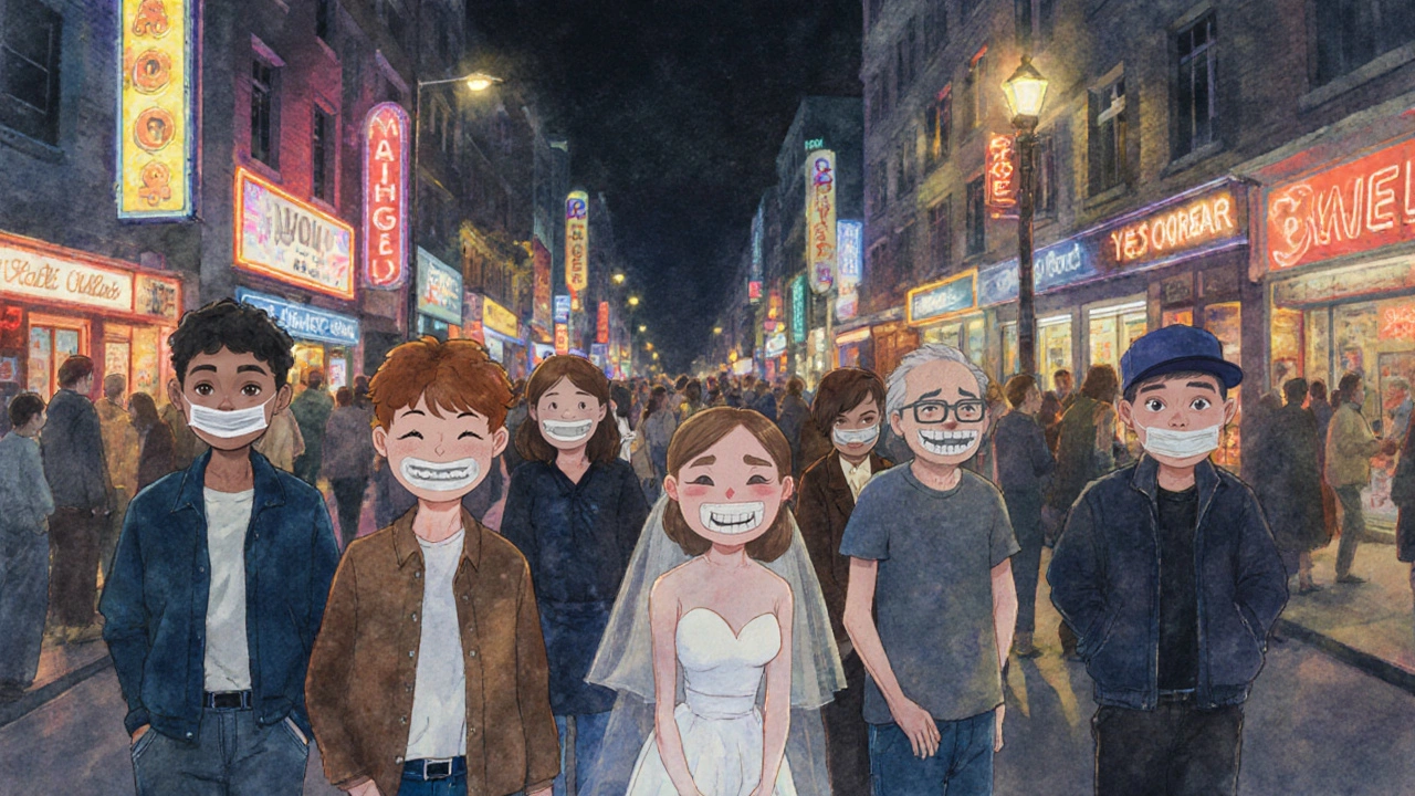 Různí lidé v městě chvíli vystavují přechodné přilepené zuby.