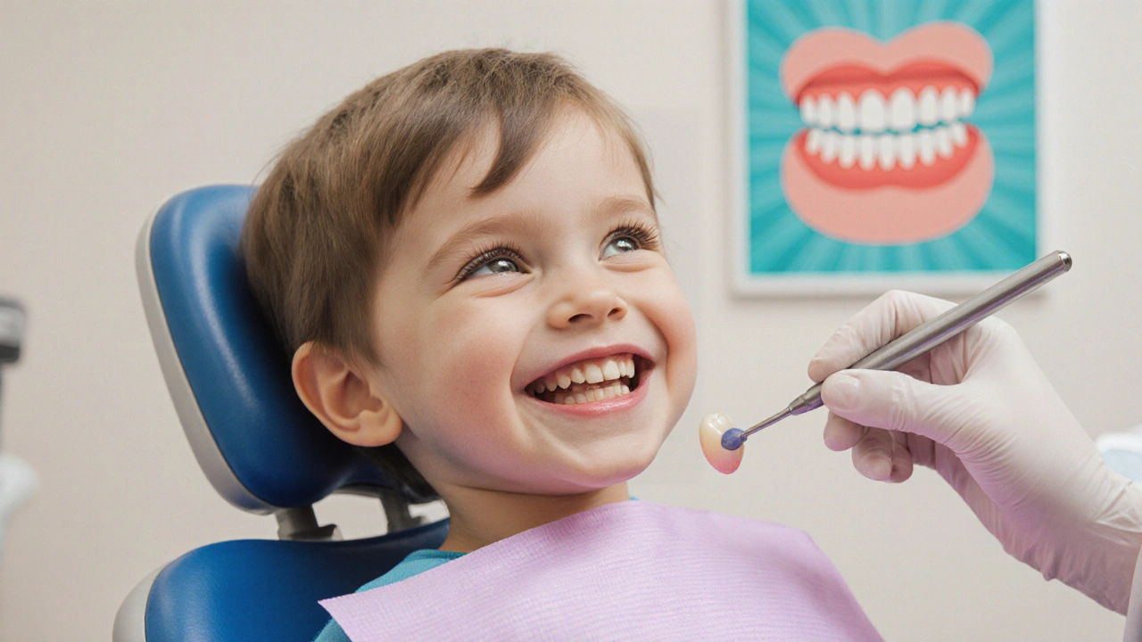 Šestileté dítě s pohyblivým mléčným zubem a nově vyrůstajícím trvalým molárem.