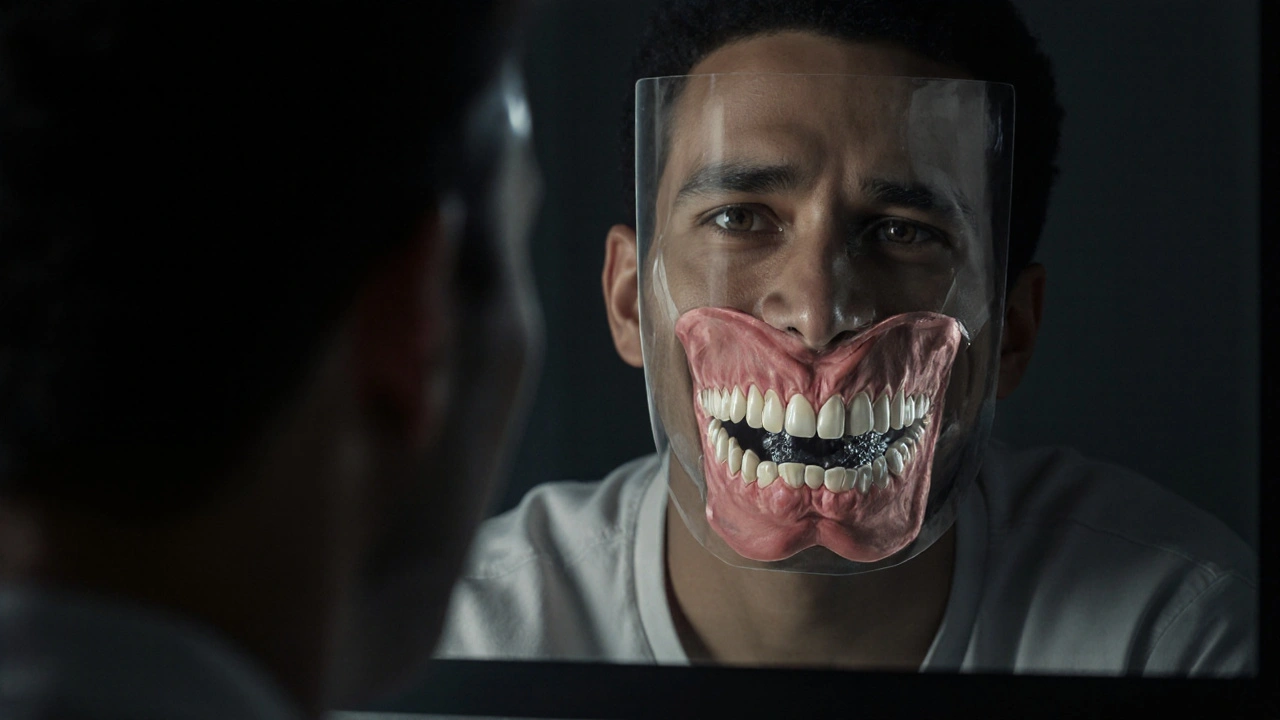 Skrytý zubní kámen a rozpadající se kost kolem zubu pod dásní