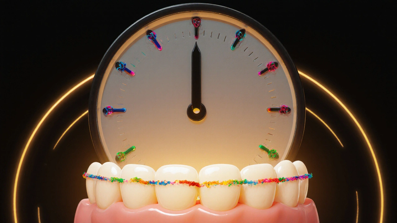 Symbolická představa gumiček během 24 hodin a jejich vlivu na zarovnání zubů.