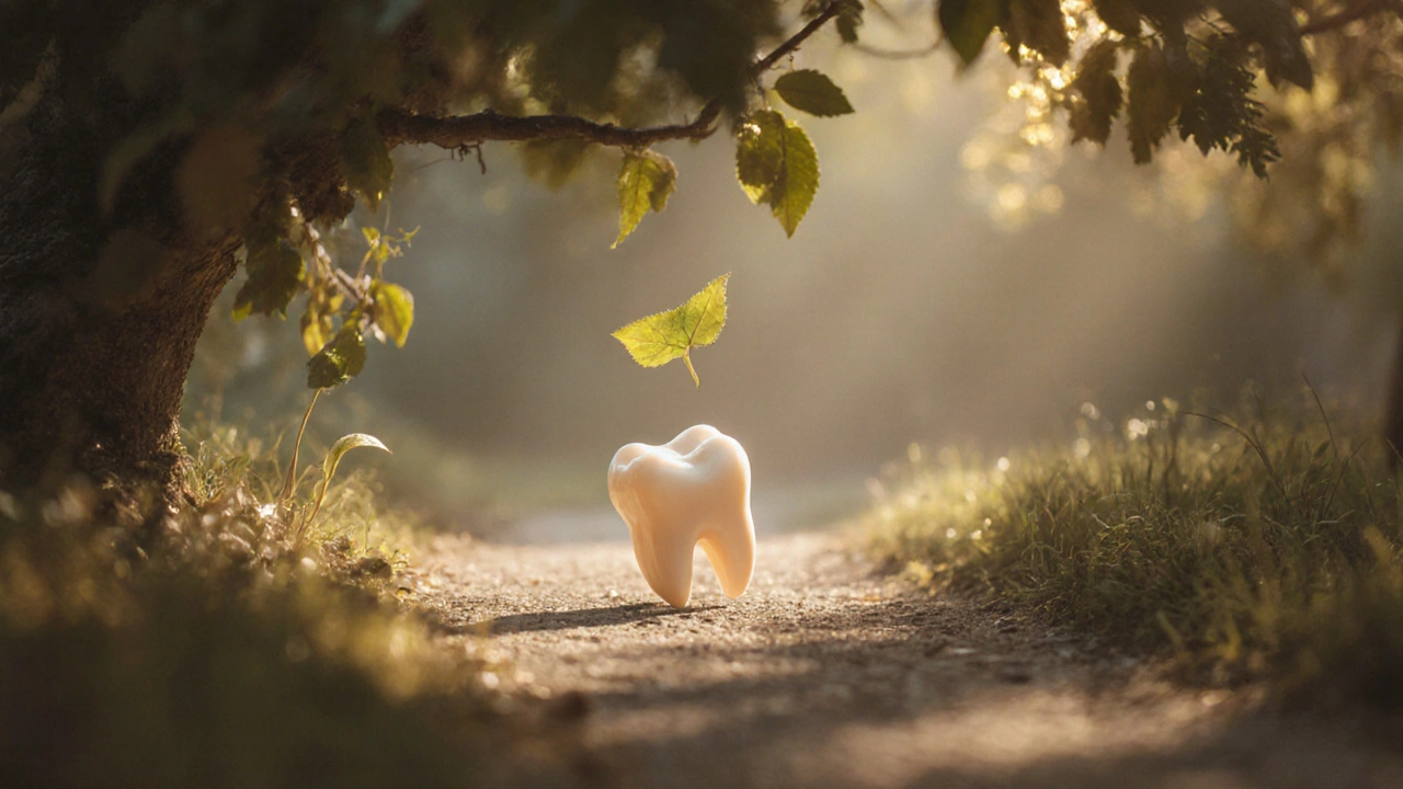 Symbolický obraz padajícího mléčného zubu a rostoucího trvalého zubu jako přirozený přechod.