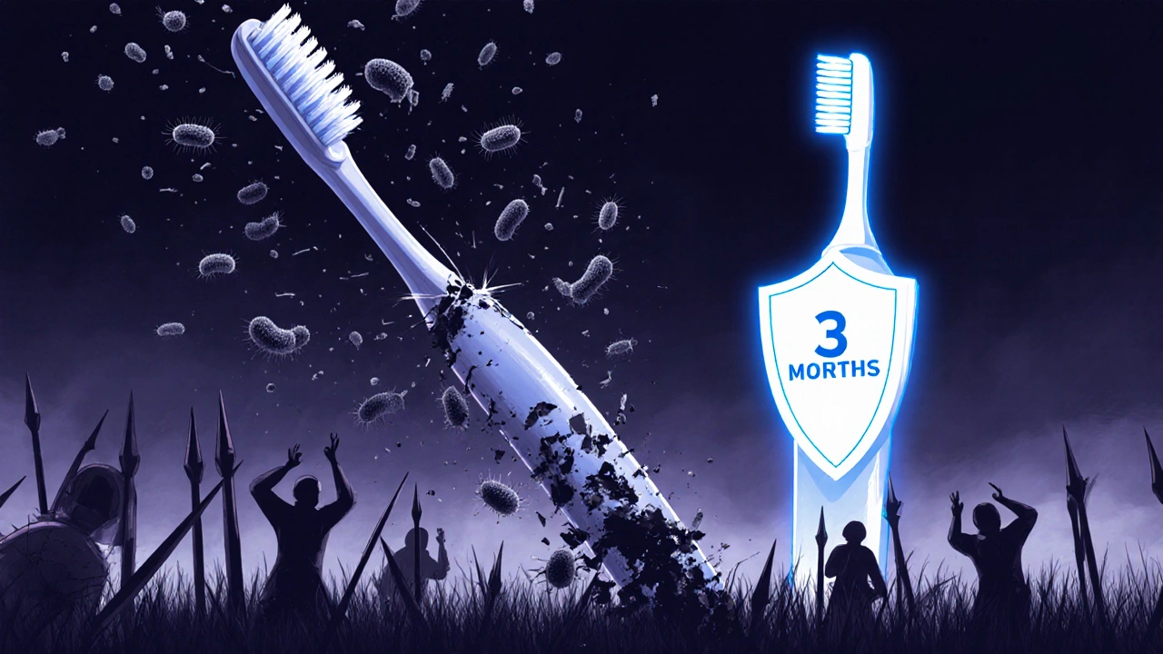 Symbolický obraz poškozeného kartáčku jako bitvy proti bakteriím, nový kartáček jako záchrana.